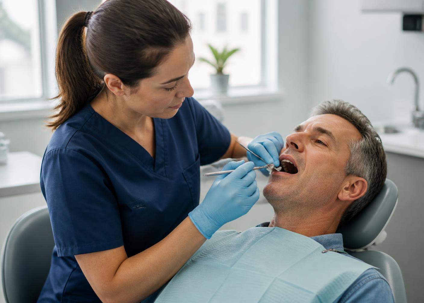 A hygienist performing a careful cleaning on an adult patient