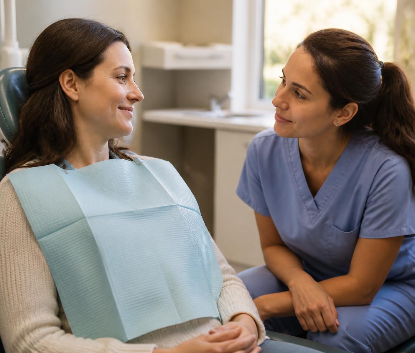 A dental team member reassuring a seated patient before treatment