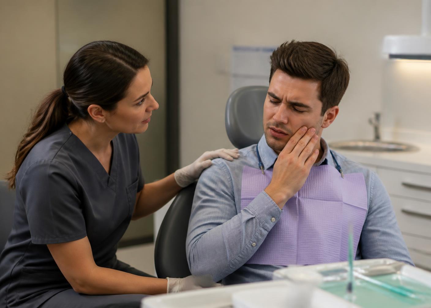 A dentist examining a patient reporting tooth pain