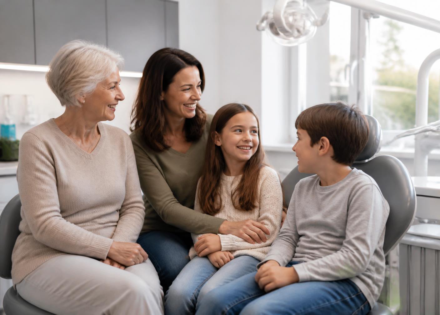 A multigenerational family talking with a dental provider