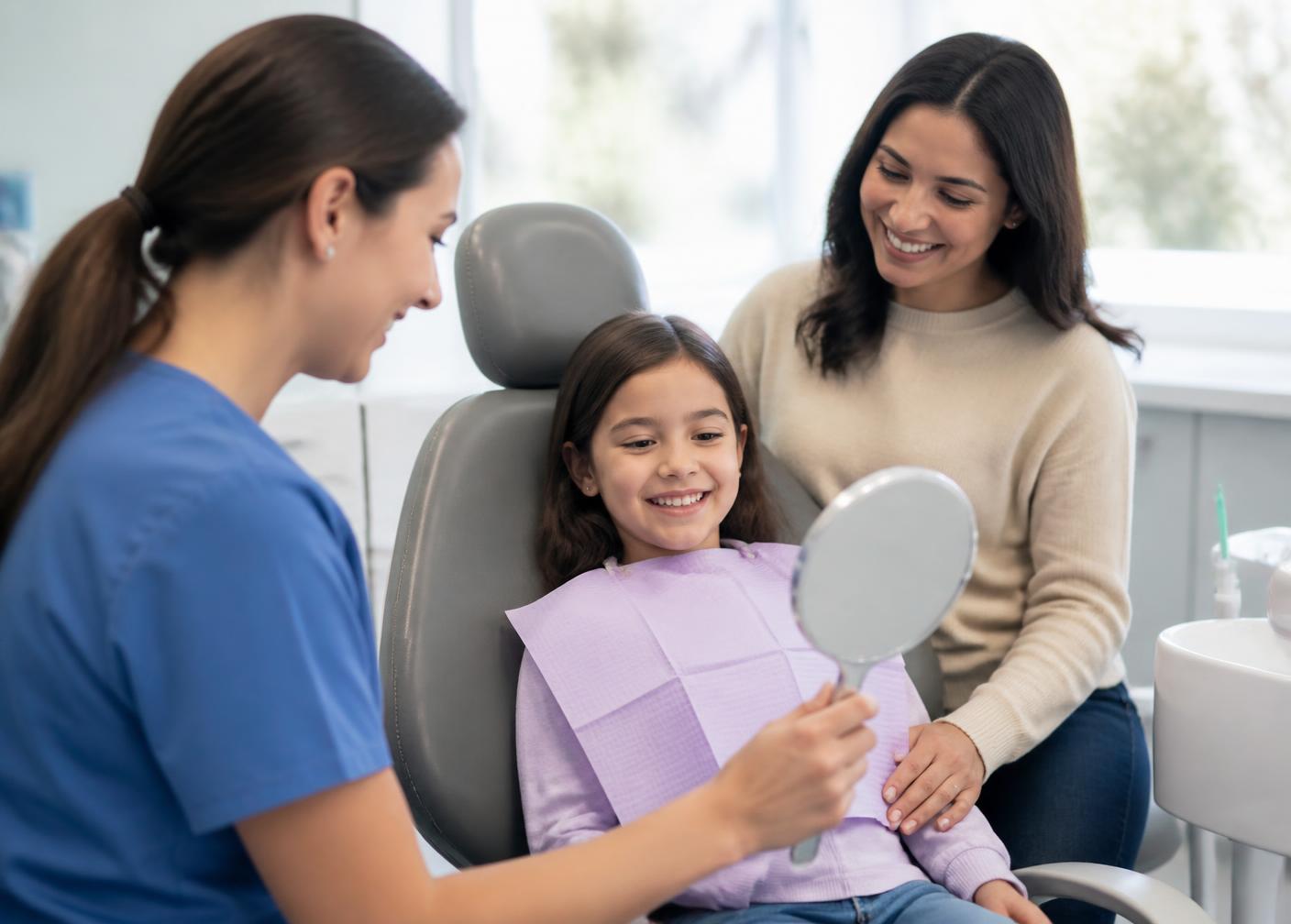 A child sitting comfortably in a dental chair during a checkup