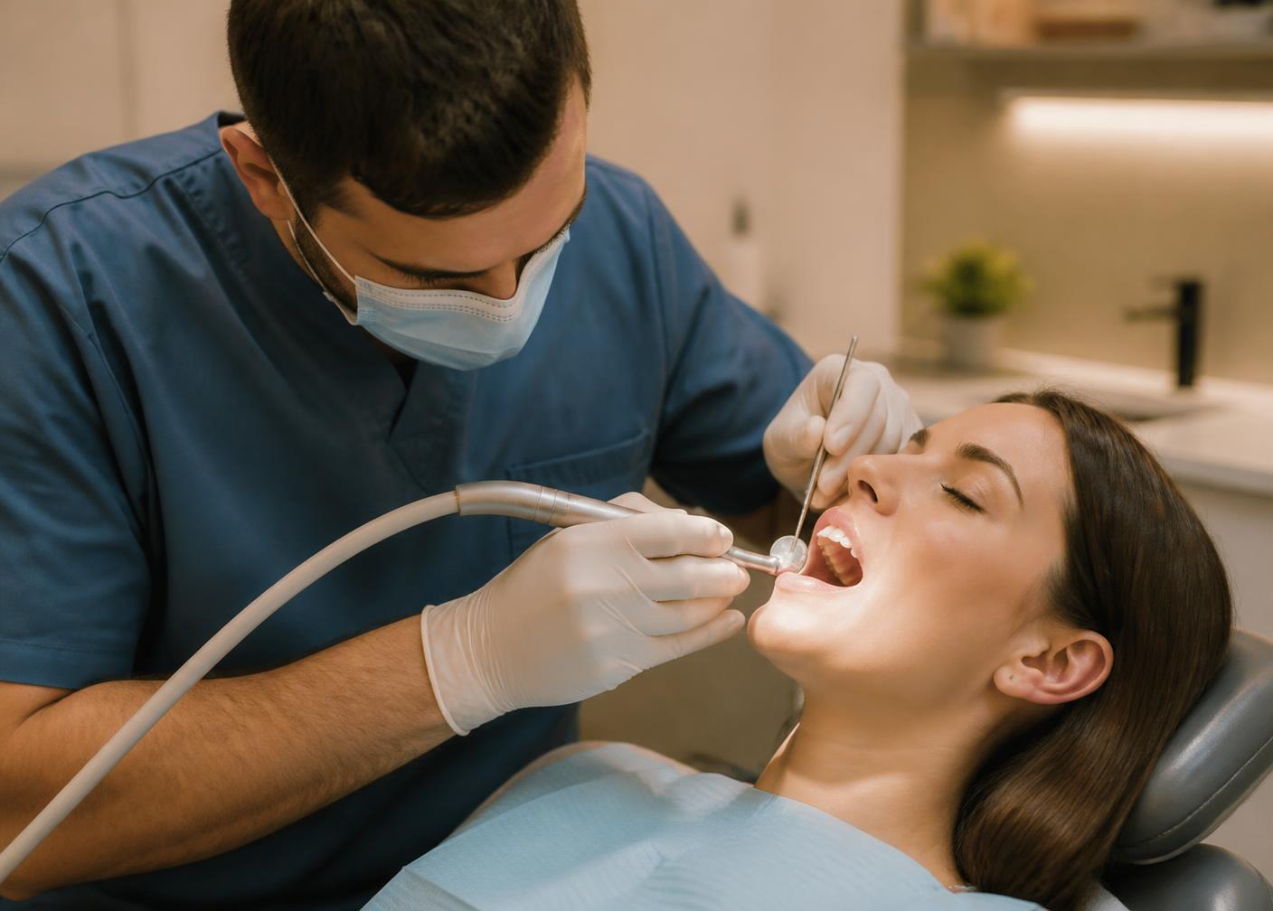 A dentist preparing a restoration for a patient