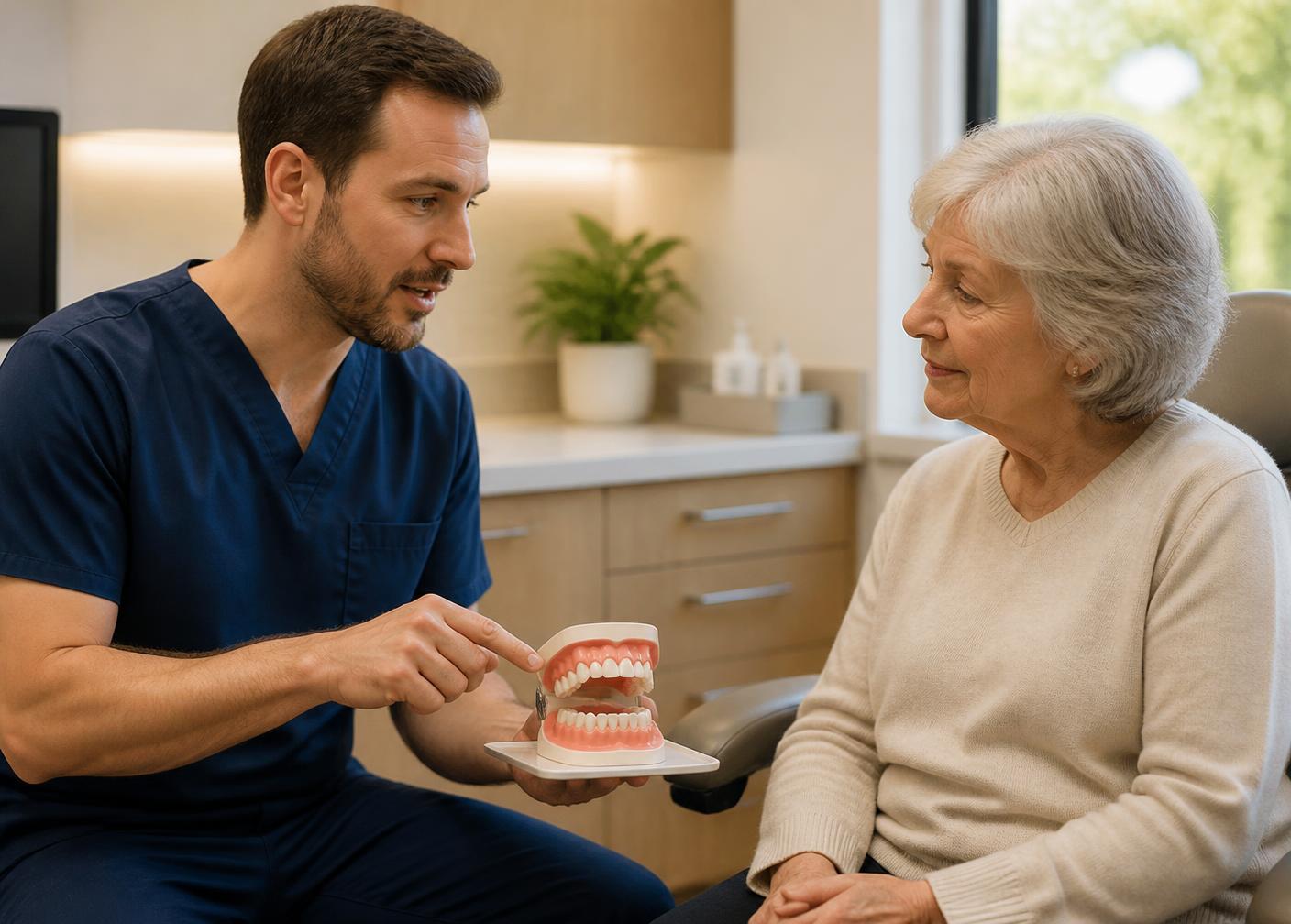 An older patient in conversation with their dentist